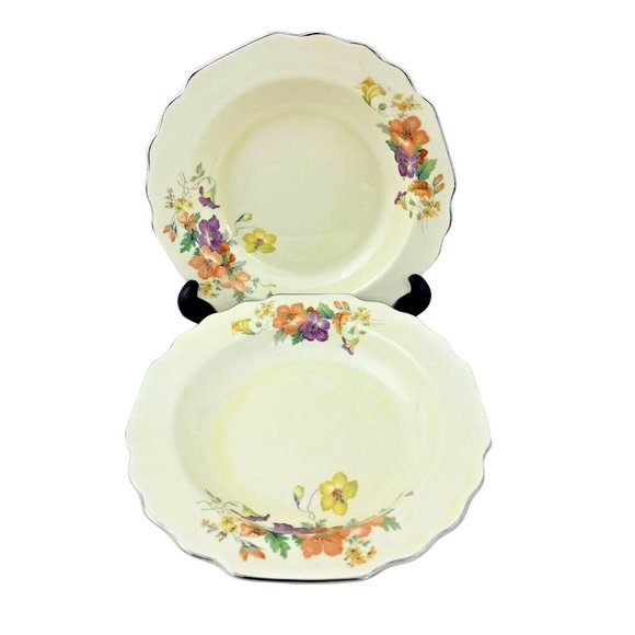 Vintage W.S. George Lido Canarytone - Pair of Rimmed Soup Bowls - 8" - Floral - Picture 1 of 8